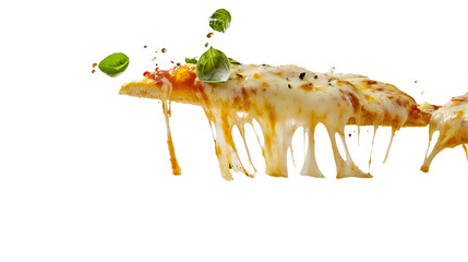 Flying pizza slices on white background with pepperoni, olives, melting cheese, and basil leaves.