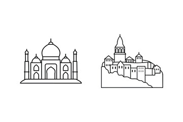 Naklejka premium Minimalist Line Drawing Of Iconic Architectural Landmarks Taj Mahal And Medieval City