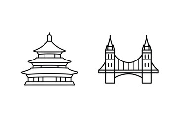 Obraz premium Minimalist Outline Of Chinese Temple And Tower Bridge Monuments Vector Art