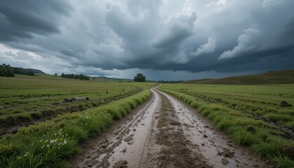 Naklejka premium Dramatic Landscape with Dirt Road and Dark Storm Clouds above