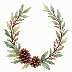 Fototapeta premium Watercolor Rustic Greenery Wreath with Pine Cones, Botanical Frame, Autumn Floral Design, Wedding Invitation, Holiday Decor