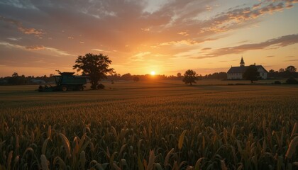 Tranquil Sunrise Over Peaceful Farm Landscape with Tractor
