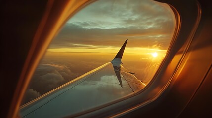 Fototapeta premium Airplane window view at sunset.