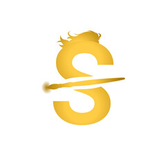 Elegant Golden 'S' Makeup Logo with Brush — Perfect for Beauty, Salon & Cosmetic Branding
