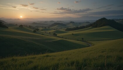 Fototapeta premium Serene Sunset Over Rolling Green Hills in a Tranquil Landscape