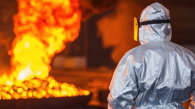 Gold Production Worker Concept, Worker in Heat Resistant Suit Observing Molten Metal Flow in Industrial Environment with Safety Precautions