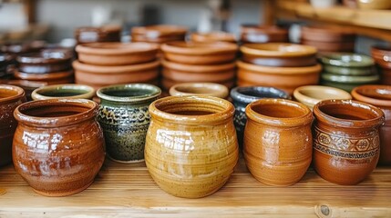 Shelved terracotta pots and bowls in an arrangement