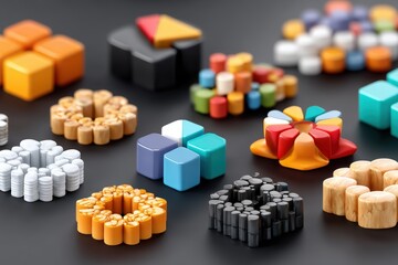 Obraz premium A vibrant assortment of colorful geometric shapes and patterns arranged aesthetically on a dark surface.