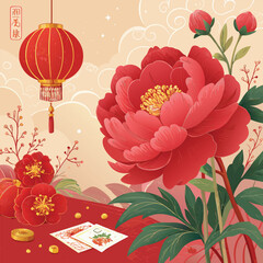 Peony Red Chinese Style Flower Festival New Year