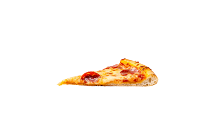 Flying pizza slices on white background with pepperoni, olives, melting cheese, and basil leaves.