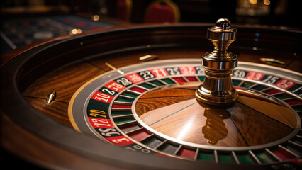close up of spinning roulette wheel, showcasing intricate details and excitement of game. wooden surface and metallic