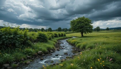 Fototapeta premium Serene Landscape with Stream Under Dramatic Cloudy Sky