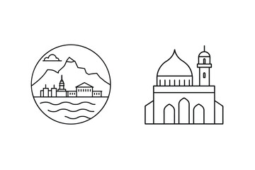 Naklejka premium Simple Line Art Illustration Of Mosque And Cityscape With Mountain View