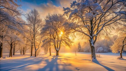 Golden Hour Winter Wonderland Snow-Covered Trees Bask in the Warm Glow of a Rising Sun, Casting Long Shadows Across a Pristine, Snowy Landscape