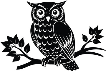 Fototapeta premium Elegant owl perched on branch black and white illustration graphic design
