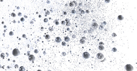 Close-up of silver bubbles floating in a clear liquid. Perfect for science, technology, or beauty backgrounds.