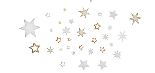 A simple illustration of white and gold stars on a black background. The stars are scattered across the image and are of different sizes and shapes.