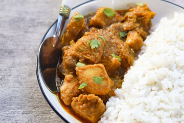 close up of chicken curry with rice in a plate