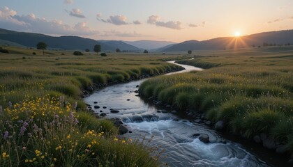 Serene River Flowing Through Lush Green Meadow at Sunrise
