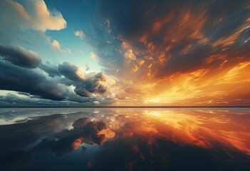 Breathtaking sunset or sunrise over calm water with dramatic cloud reflections.