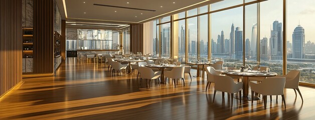 Modern luxury restaurant interior in the hotel, with panoramic windows offering a view of the city's modern buildings. The tables are set with place settings for guests, and the elegant chairs create 