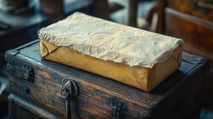 Obraz premium Antique box wrapped in aged paper sits on a vintage wooden chest.