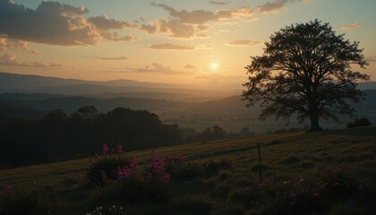 Obraz premium Scenic Sunset Over Rolling Hills with Blooming Flowers and Tree
