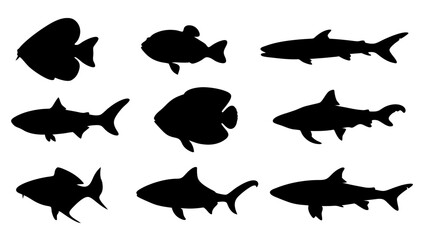 set of black fish silhouette vector on white background