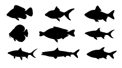 set of black fish silhouette vector on white background