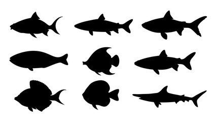 set of black fish silhouette vector on white background