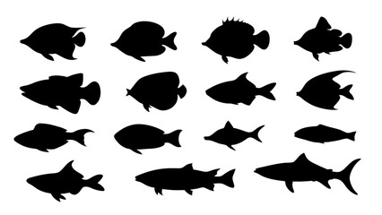 set of black fish silhouette vector on white background
