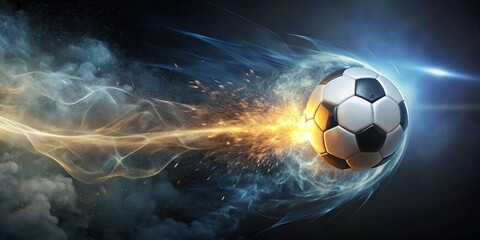 Fototapeta premium Fiery Soccer Ball in Motion A Dynamic Image of a Ball Blazing Through the Air, Surrounded by Energetic Trails of Light and Sparks