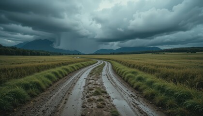 Naklejka premium Serene Country Road Beneath Dramatic Cloudy Sky in Nature Landscape