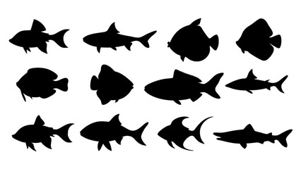 set of black fish silhouette vector on white background