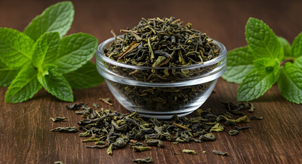 Fototapeta premium Green Tea Leaves in Glass Bowl with Fresh Mint on Brown Wooden Surface in Natural Light