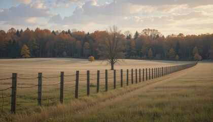 Fototapeta premium Serene Autumn Landscape with Barbed Wire Fence and Lone Tree