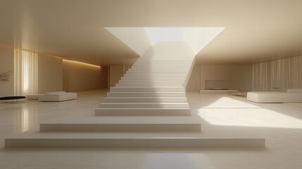 Fototapeta premium Minimalist interior with white staircase, sunlight through skylight, and modern furniture.
