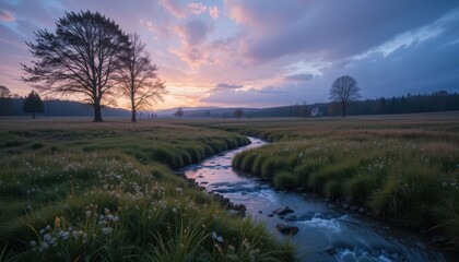 Tranquil Stream Flowing Through Vibrant Green Meadow at Dusk