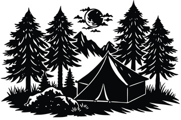 Silhouette camping scene with tent mountains trees and moon design vector graphic