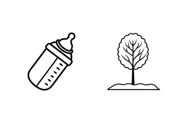 Line Art Baby Bottle And Tree Outline Icons Design Isolated
