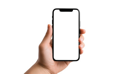 Hand holding smartphone isolated on transparent white background, clipping path, pen tool