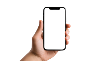 Hand holding smartphone isolated on transparent white background, clipping path, pen tool