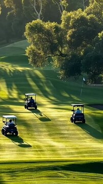 Golfers enjoying a sunny afternoon on a green course with scenic shadows and rolling hills