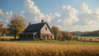 Fototapeta premium Serene Countryside Home Surrounded by Golden Wheat Fields Under Sky