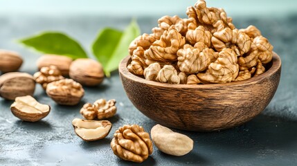 Delicious Walnuts in Wooden Bowl, Healthy Snack Food