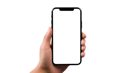 Hand holding smartphone isolated on transparent white background, clipping path, pen tool