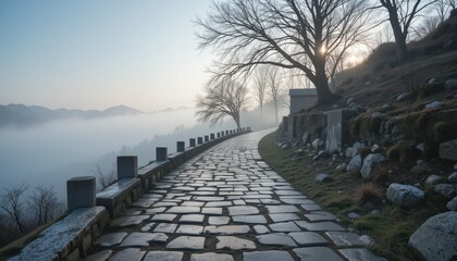 Fototapeta premium Serene Pathway through Foggy Landscape at Dawn with Bare Trees