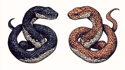 Obraz premium Two snake drawings side by side, vector graphics, white background, brown and black color scheme