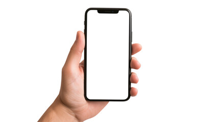 Hand holding smartphone isolated on transparent white background, clipping path, pen tool