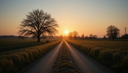 Obraz premium Serene Sunrise Over Rural Dirt Road with Silhouetted Trees